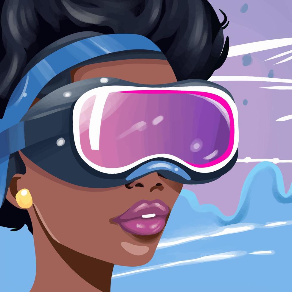 linda mulher africana usando vr head-mounted, plano de fundo do metaverso, clip-art vetor