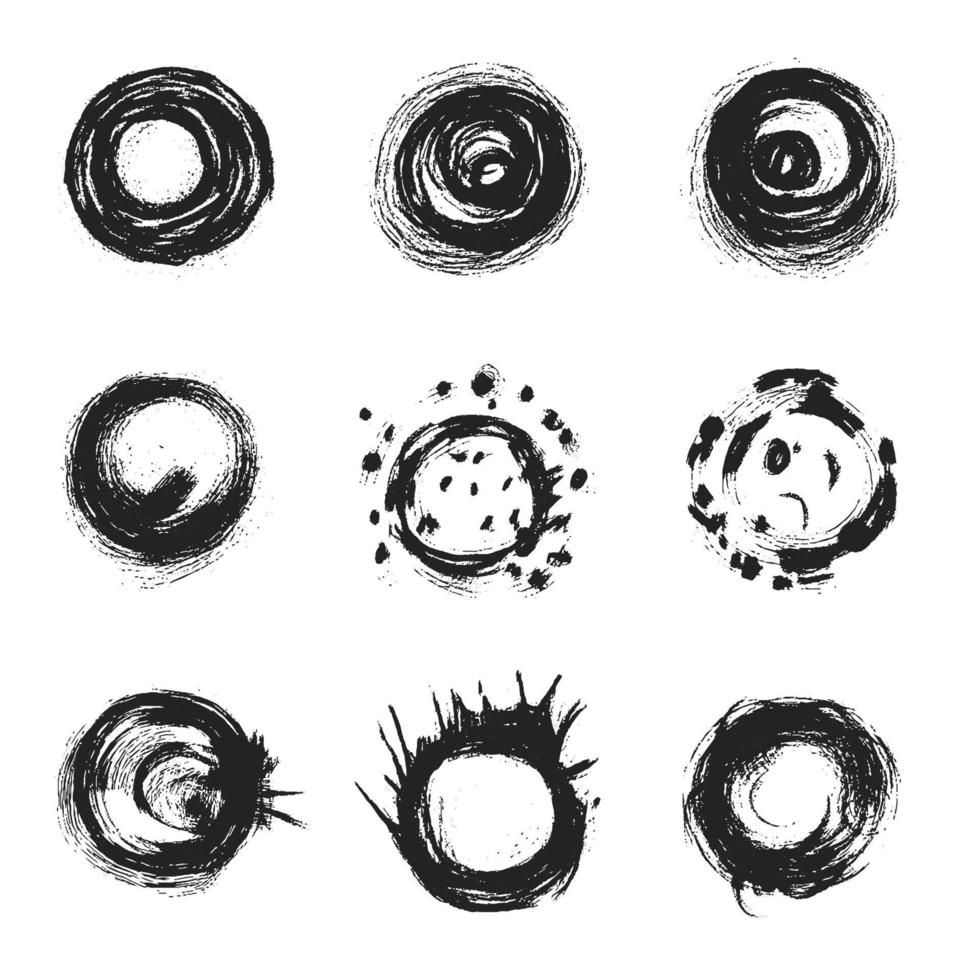 conjunto de manchas de círculo de textura grunge de tinta preta vetor