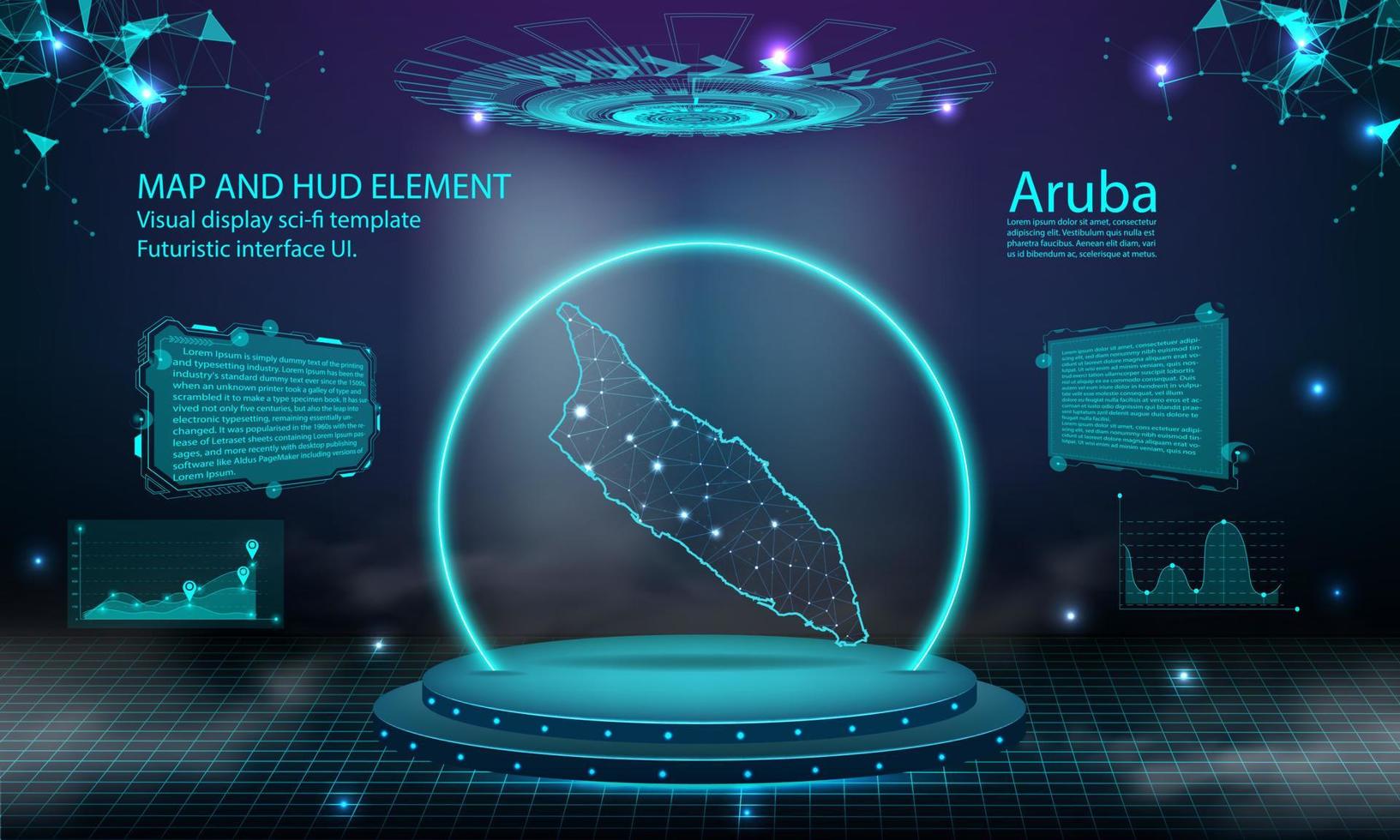 fundo de efeito de conexão de luz de mapa de aruba. interface do usuário de tecnologia digital abstrata, gui, interface virtual hud futurista com mapa de aruba. palco pódio futurista no nevoeiro. vetor