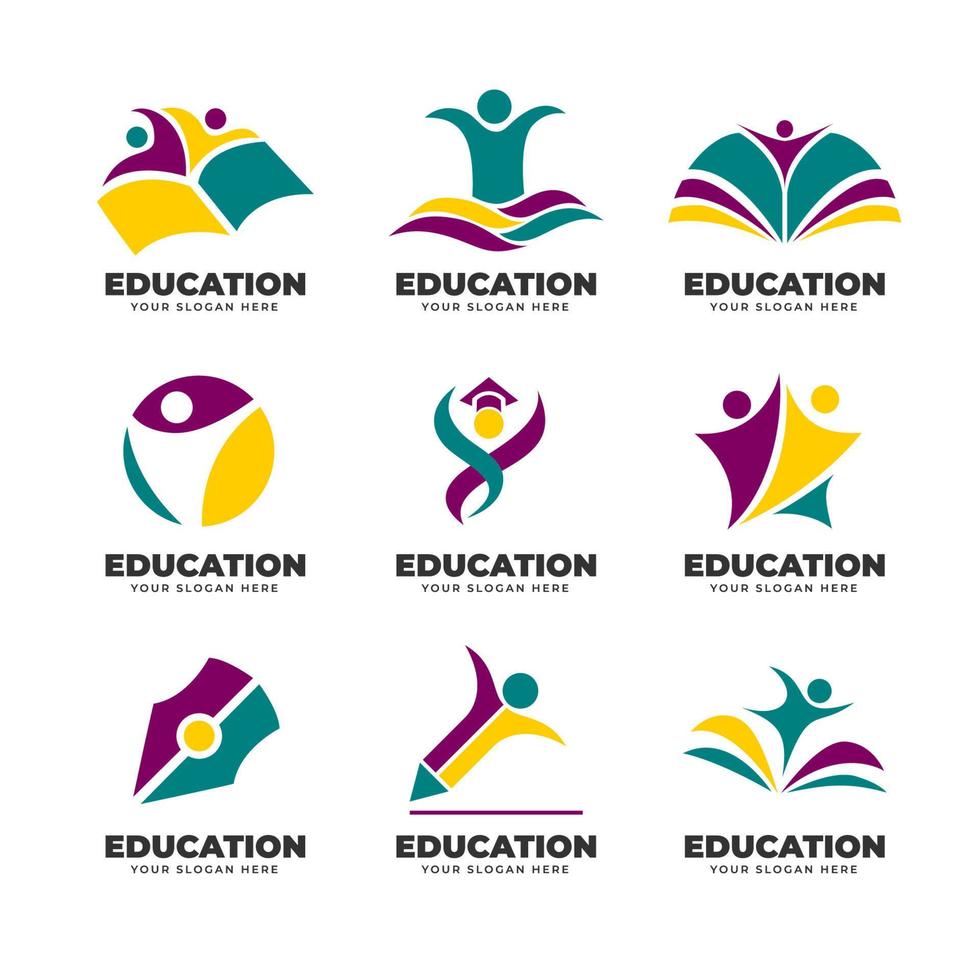 pacote de modelo de coleção de logotipo de educação de pessoas abstratas, logotipo de escola abstrata com trabalho em equipe, objeto de livro e caneta para branding de negócios. ilustração vetorial vetor