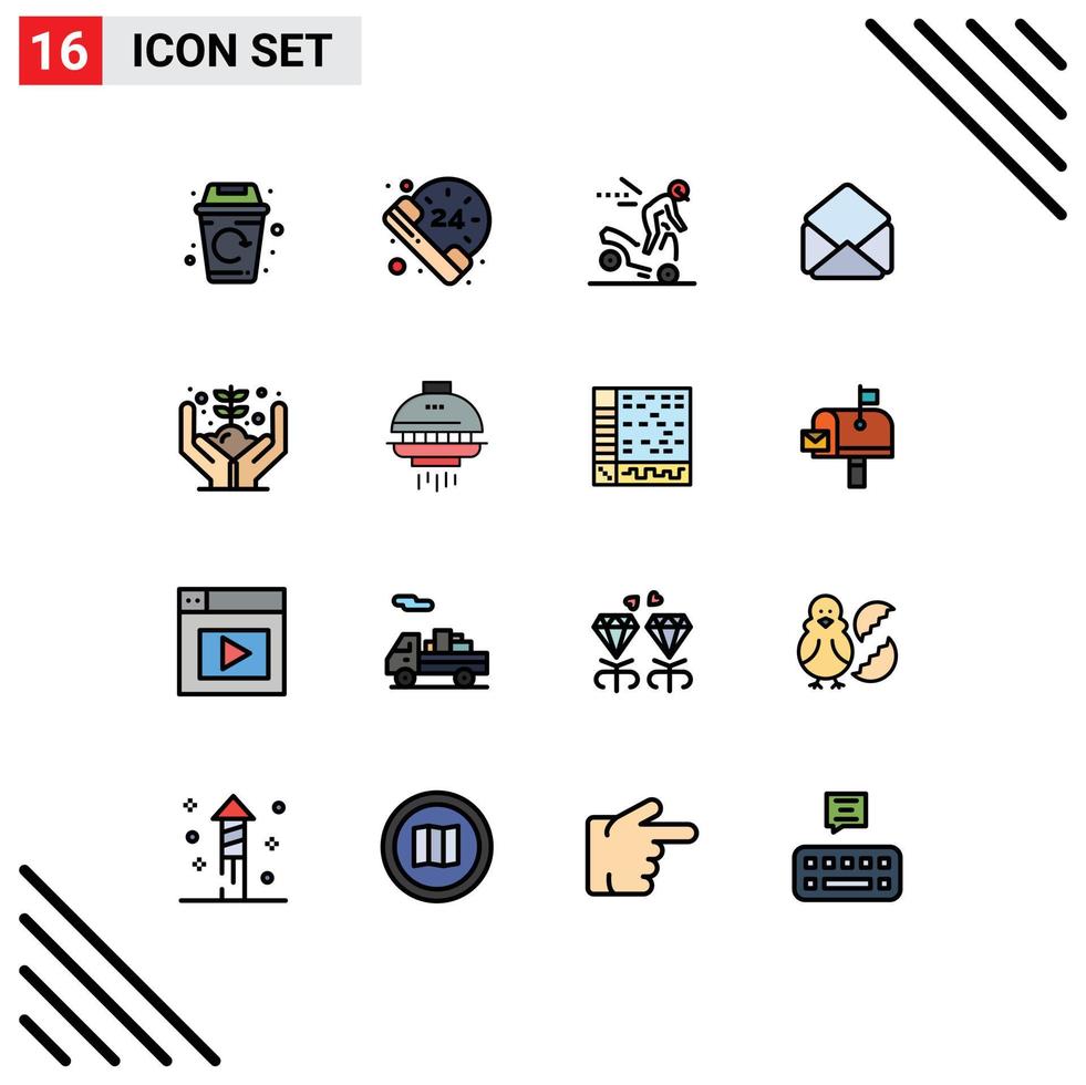 16 interface do usuário pacote de linhas preenchidas com cores planas de sinais e símbolos modernos de elementos de design de vetores criativos editáveis de e-mail de crescimento de perigo de mão de planta