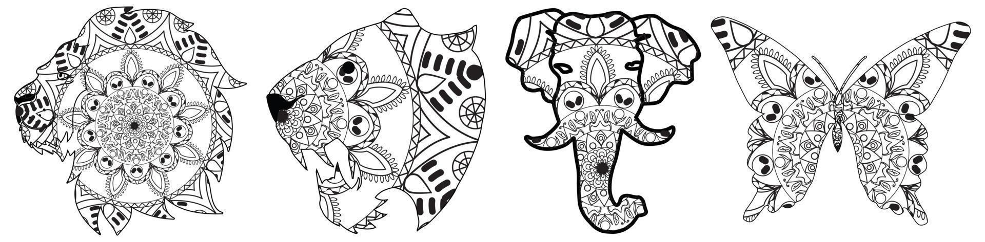 conjunto decorativo com animais, vetor de mandala. grande conjunto com elefante decorativo, leão, tigre, coelho, borboleta, azul, guindaste e mandala. arte vetorial desenhada à mão. animal, luxo, real, mandal indiano.