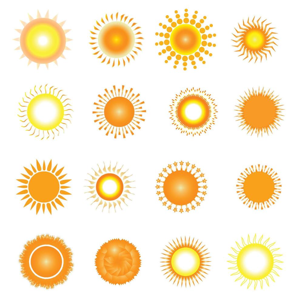 conjunto de ícones do sol. vetor engraçado doodle sol. verão, luz solar, natureza, céu. design plano de vetor. isolado no fundo branco. conjunto desenhado à mão. conjunto de símbolos de vetor de ícone de sol. um grupo de formas para o sol.