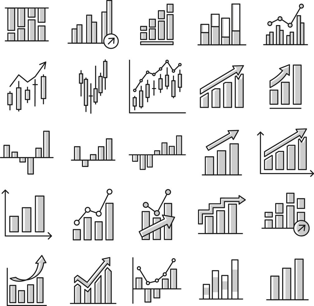 conjunto de diagrama de gráfico de preços de barras ícone de preço de ações financeiras mercado de alta e baixa em design monocromático mínimo vetor