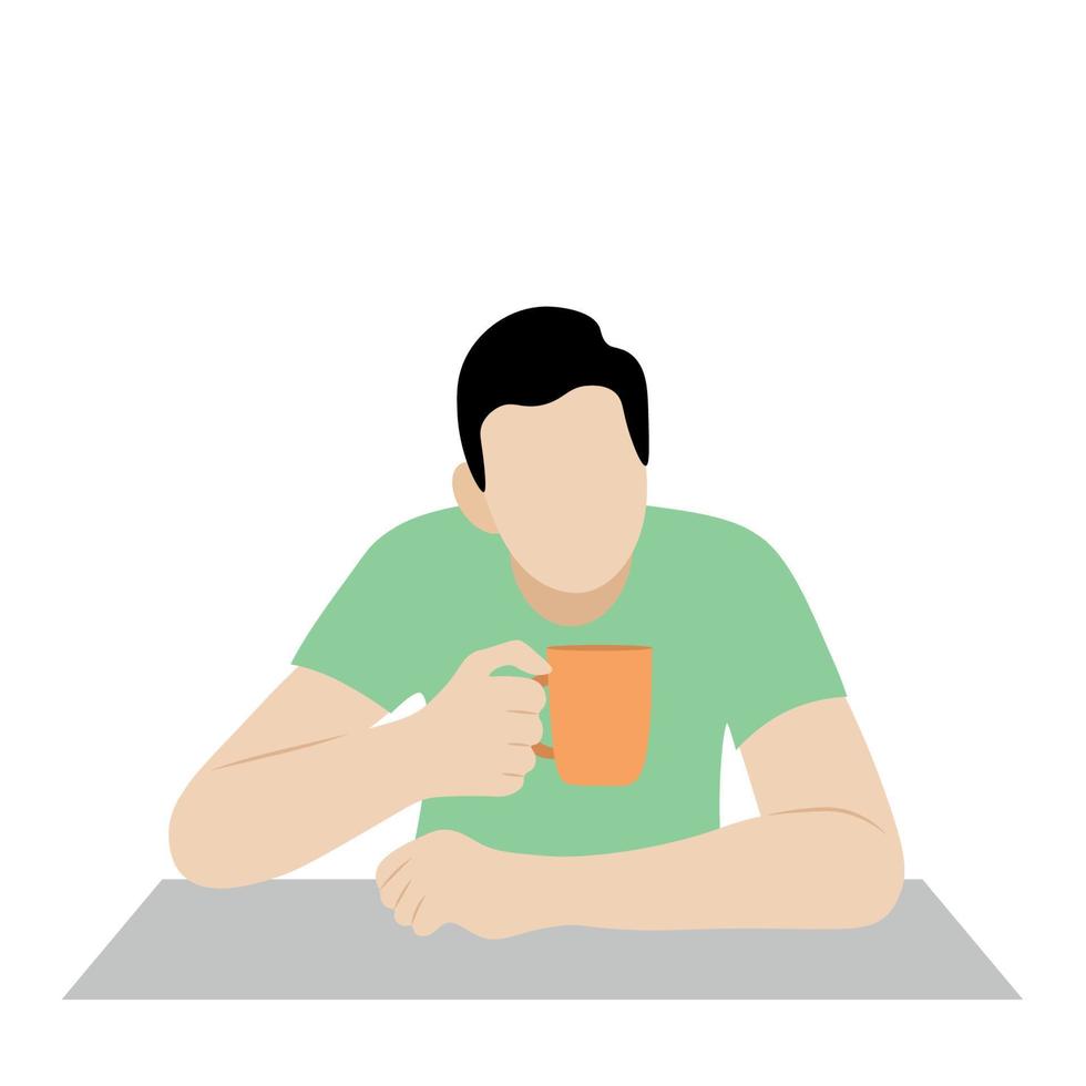 retrato de um cara com um copo nas mãos à mesa, vetor plano, isolado no branco, ilustração sem rosto, pausa para o chá