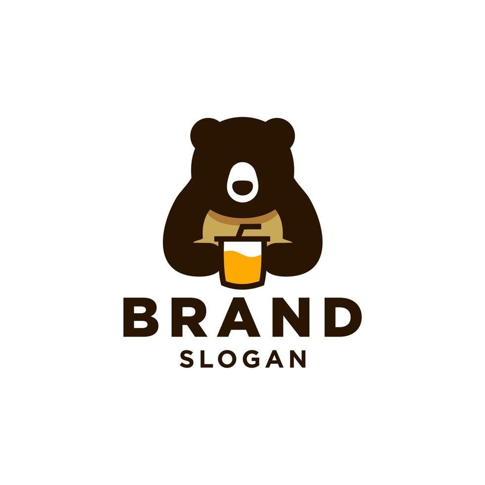 logotipo de urso e xícara, urso segurando bebida de suco com ilustração de ícone de vetor de desenho de mascote de palha