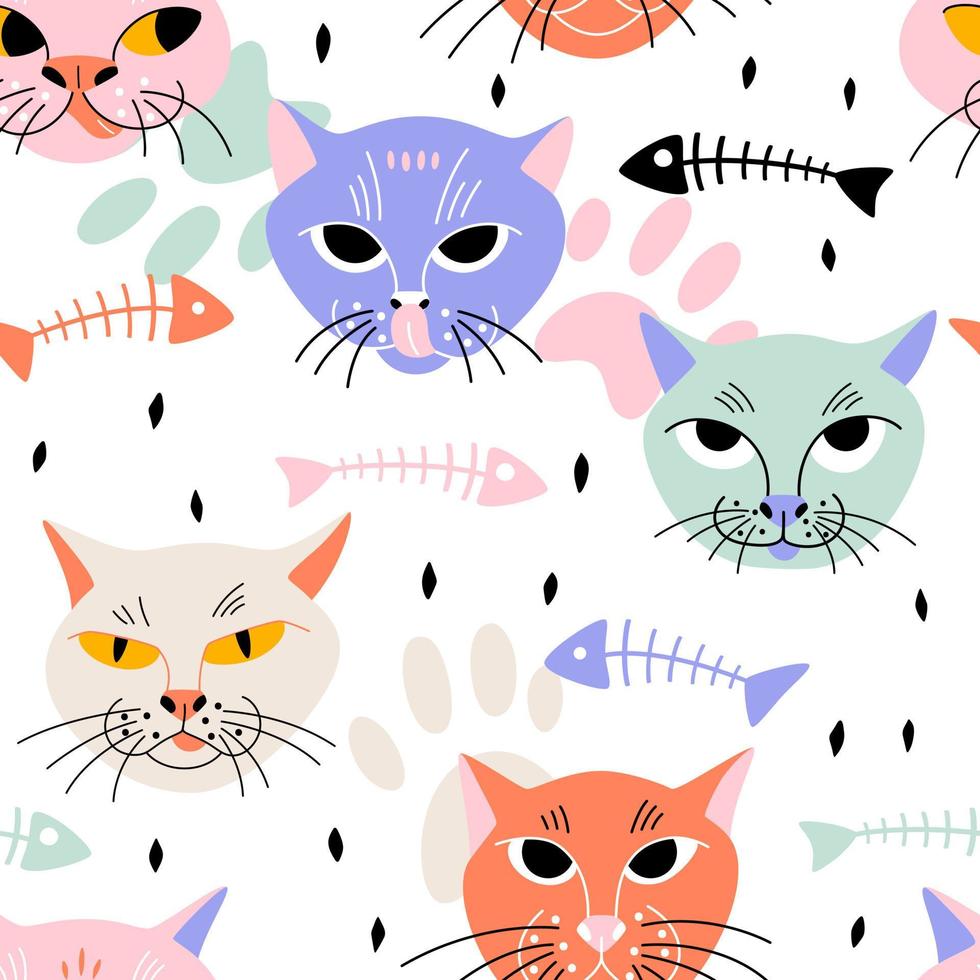 rostos engraçados de gatos desenhados à mão em fundo branco com decoração abstrata. padrão sem emenda de vetor com animais modernos coloridos.