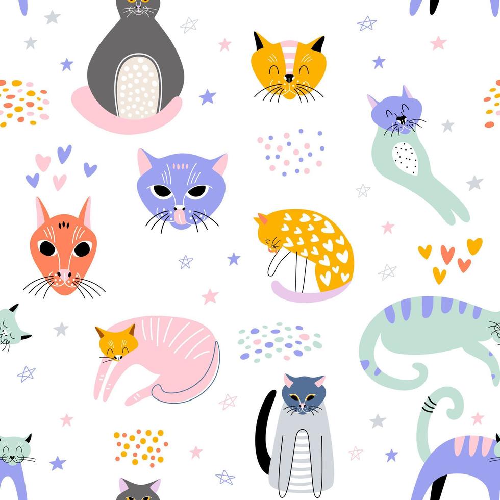 gatos desenhados à mão dos desenhos animados e rostos com decoração abstrata. padrão bonito de vetor sem emenda com animais de estimação.
