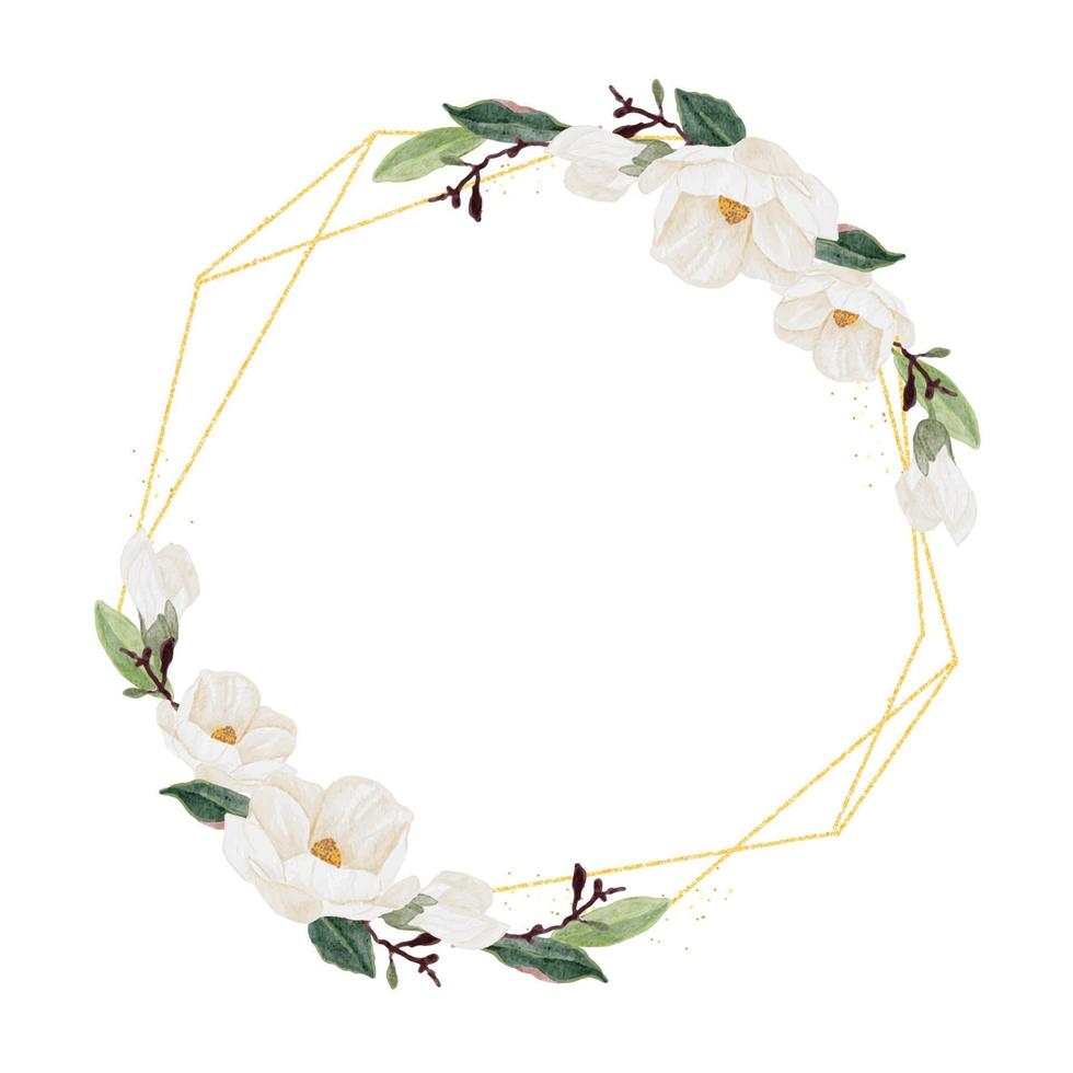 flor de magnólia branca aquarela e coroa de clipart de buquê de folhas com moldura de glitter dourado vetor