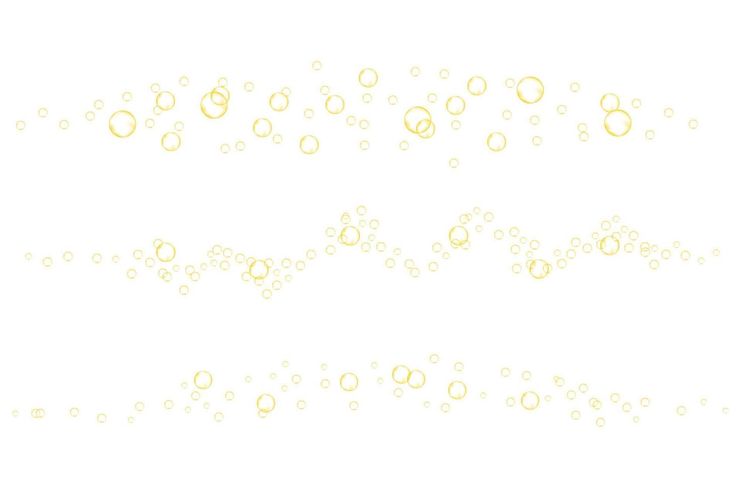 bolhas efervescentes douradas de bebida carbonatada, refrigerante, cerveja, champanhe ou vinho. fluxo de gás efervescente amarelo. vetor textura realista