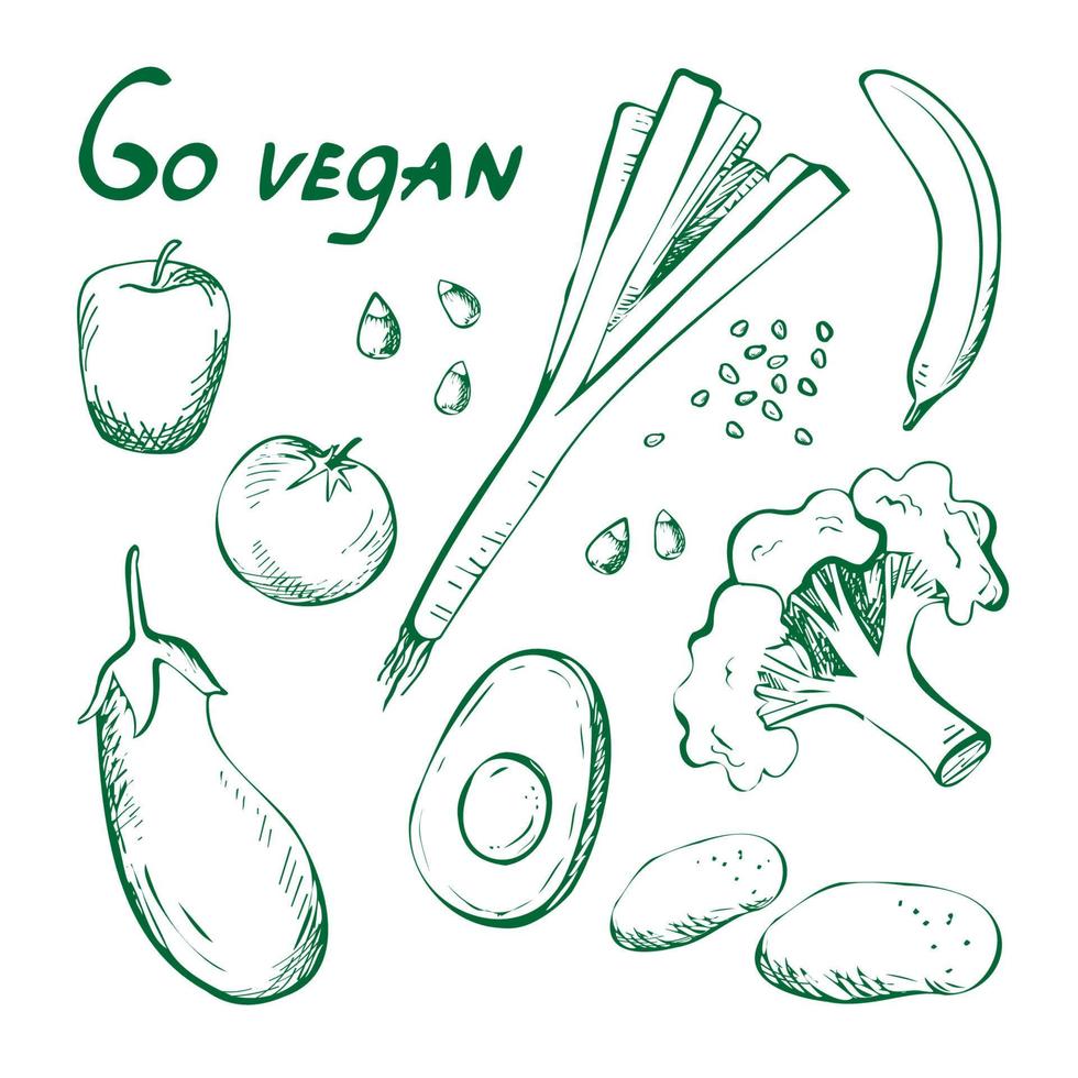 torne-se vegano. rabisco desenhado à mão. conjunto com legumes e frutas. brócolis desenhado, berinjela, maçã, banana, tomate, nozes, abacate, cebola, batata. pôster vegetariano. para seu projeto. vetor