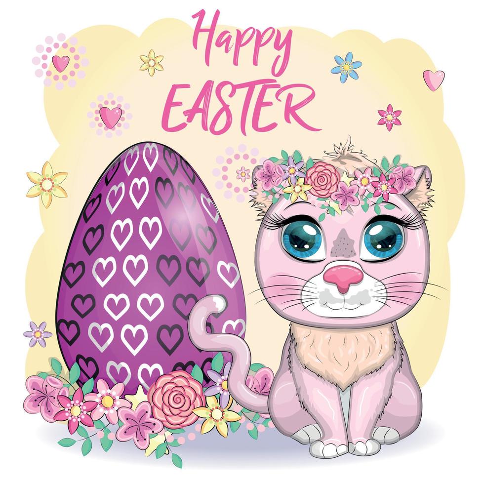 gato bonito dos desenhos animados perto de uma linda cesta de páscoa cheia de ovos. cartão de feliz páscoa vetor