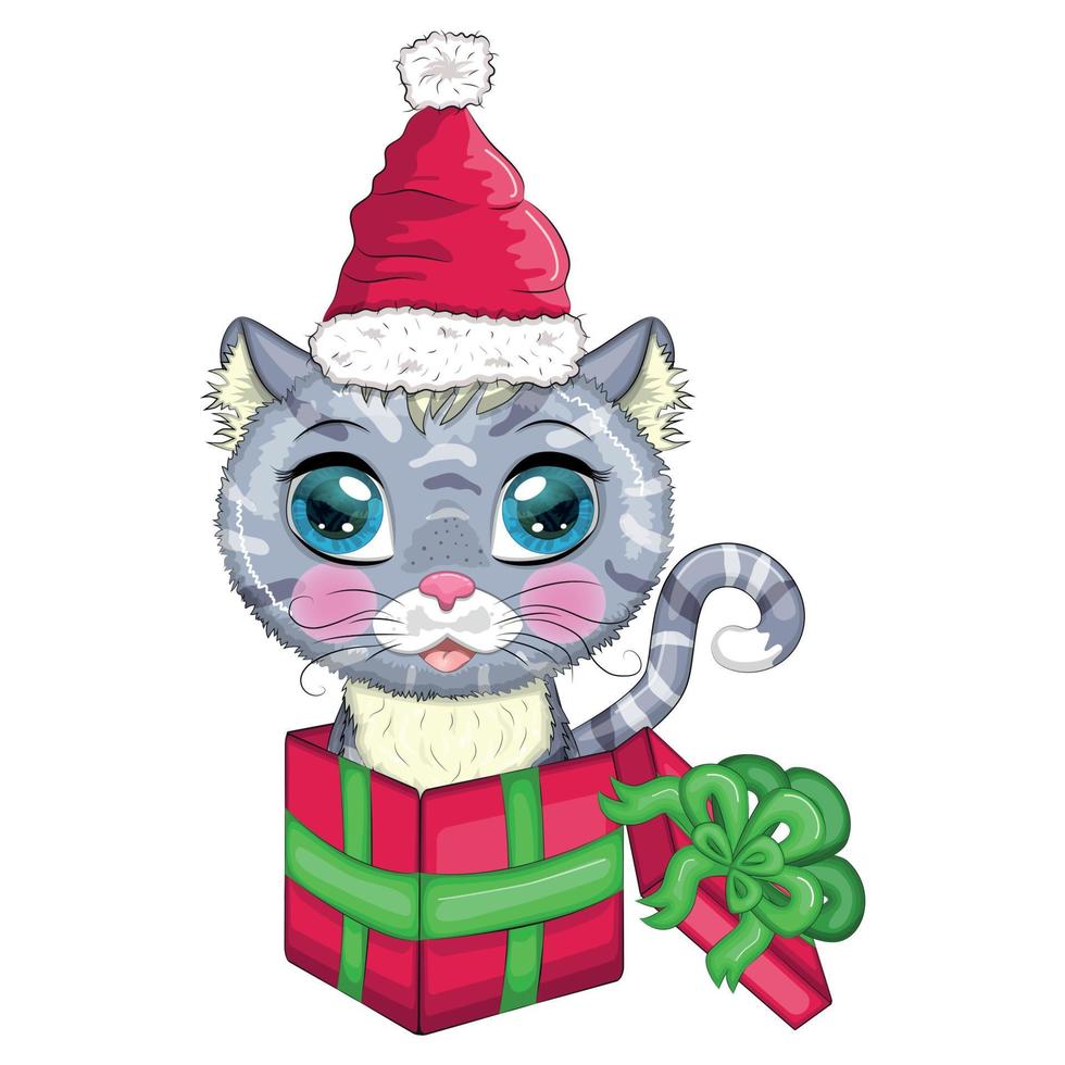 gato bonito dos desenhos animados em um chapéu de Papai Noel em uma caixa de presente, conceito de presente de ano novo. inverno 2023, natal e novo chinês vetor