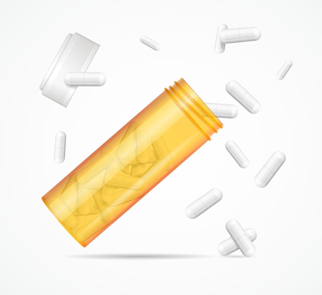 conjunto realista detalhado de frascos de pílulas laranja voadoras 3d. vetor