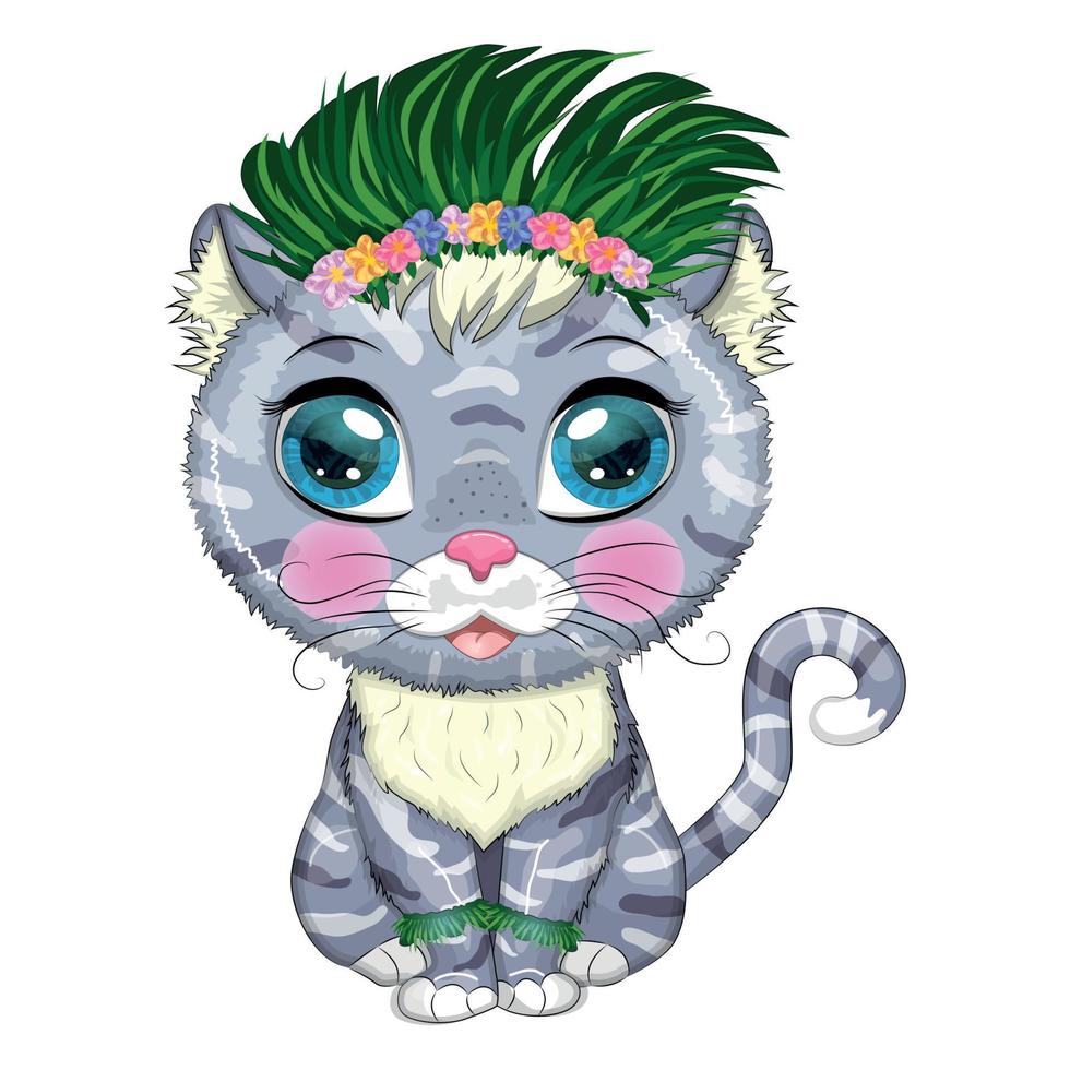 gato de desenho animado vestido como dançarino de hula sob o ukulele, havaí. férias de verão. personagem de criança fofa, símbolo de 2023 vetor