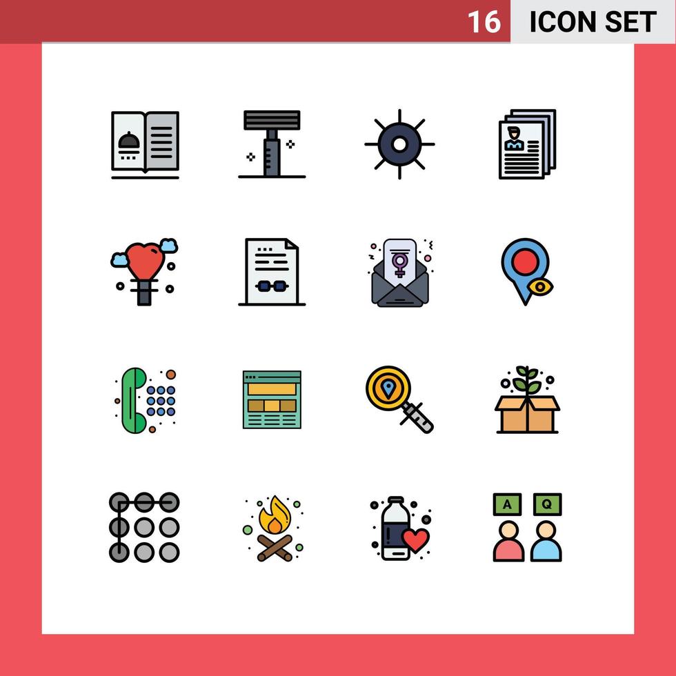 16 interface do usuário pacote de linha cheia de cores planas de sinais e símbolos modernos de arquivo de perfil salão documento sol elementos de design de vetores criativos editáveis