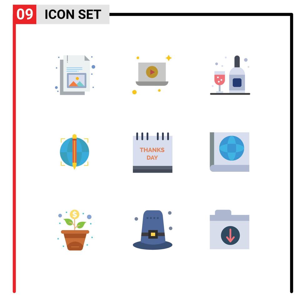 conjunto de 9 sinais de símbolos de ícones de interface do usuário modernos para celebração de peru assado garrafa calendário globo elementos de design de vetores editáveis