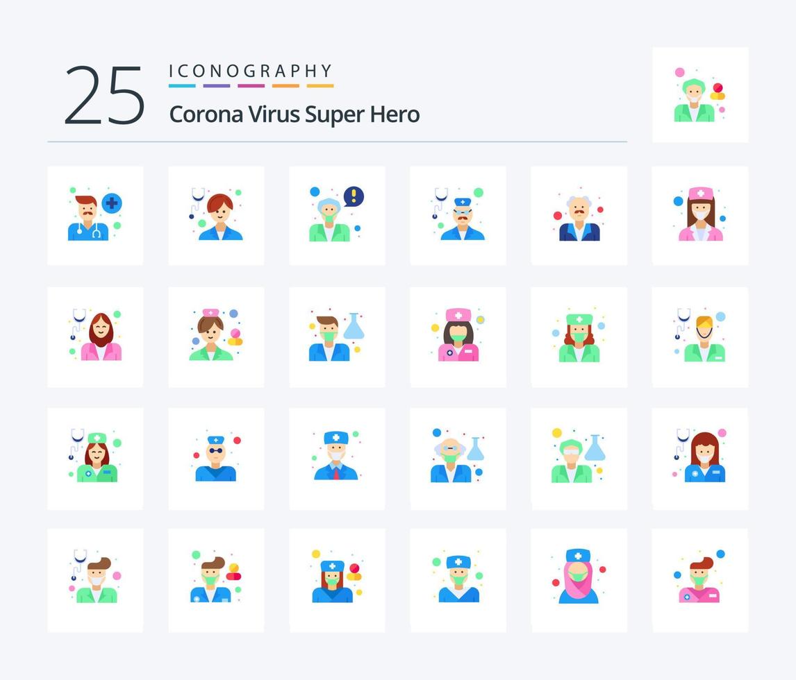 pacote de ícones de super-herói de 25 cores planas do vírus corona, incluindo estetoscópio. doutor. enfermeira. cuidados de saúde. compromisso vetor