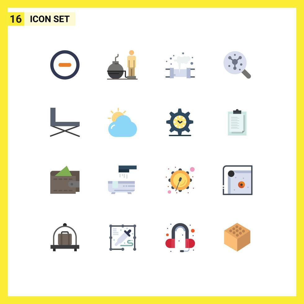 Pacote de cores planas de 16 interfaces de usuário de sinais e símbolos modernos de pacote editável de átomo de ciência de vazamento de cadeira interior de elementos de design de vetores criativos