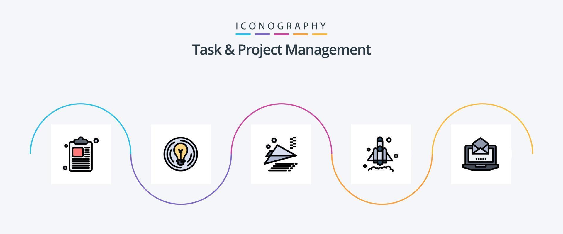 linha de gerenciamento de tarefas e projetos preenchida com 5 ícones planos, incluindo aberto. computador portátil. avião. servidor. foguete vetor