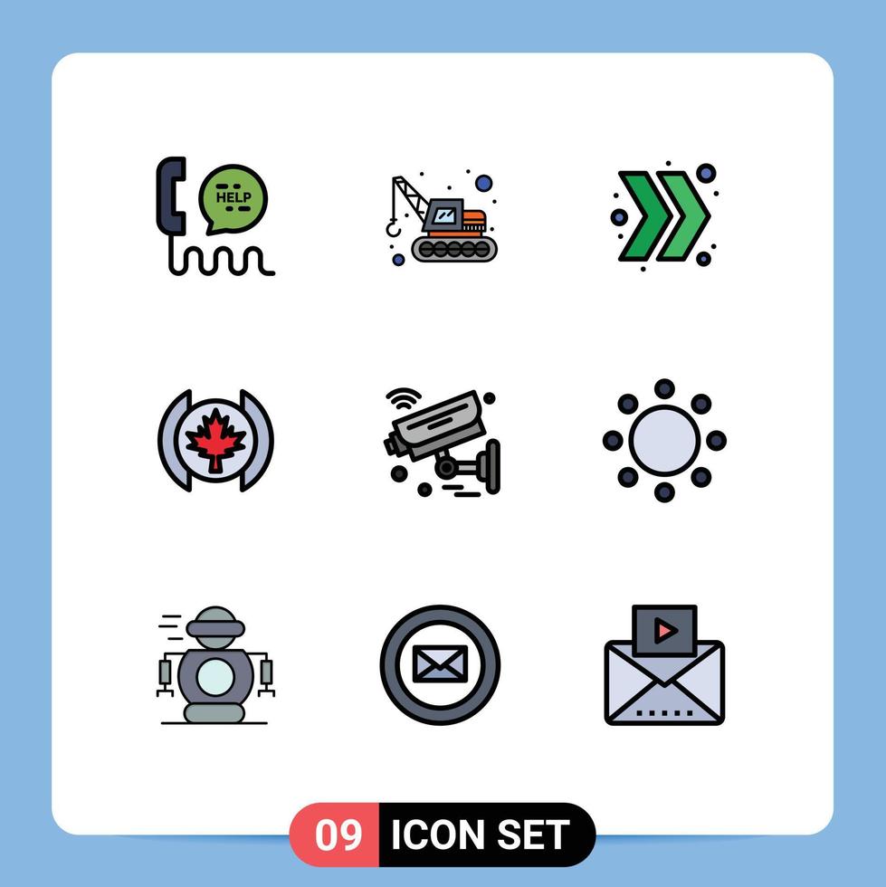 9 sinais de cor plana de linha preenchida universal símbolos de segurança internet das coisas seta câmera folha elementos de design de vetores editáveis