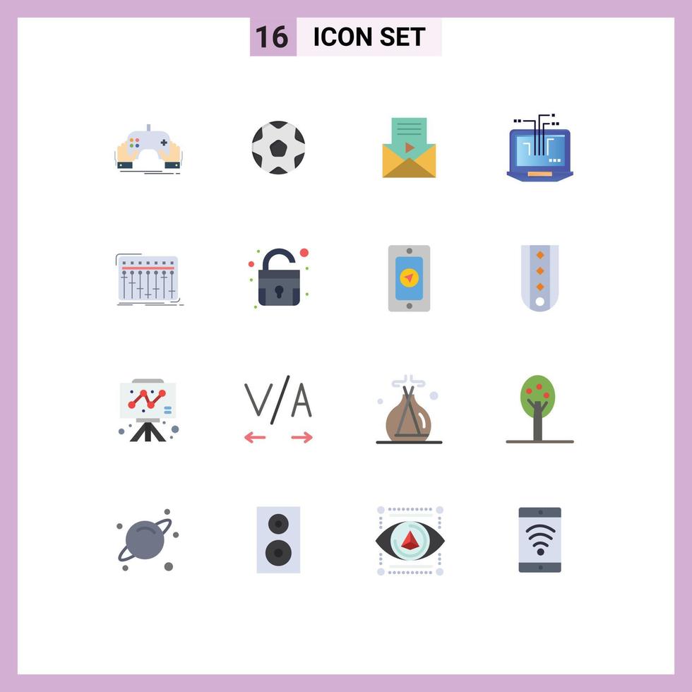 grupo de símbolos de ícone universal de 16 cores planas modernas de console portátil reprodutor de vídeo de rede de futebol pacote editável de elementos de design de vetores criativos