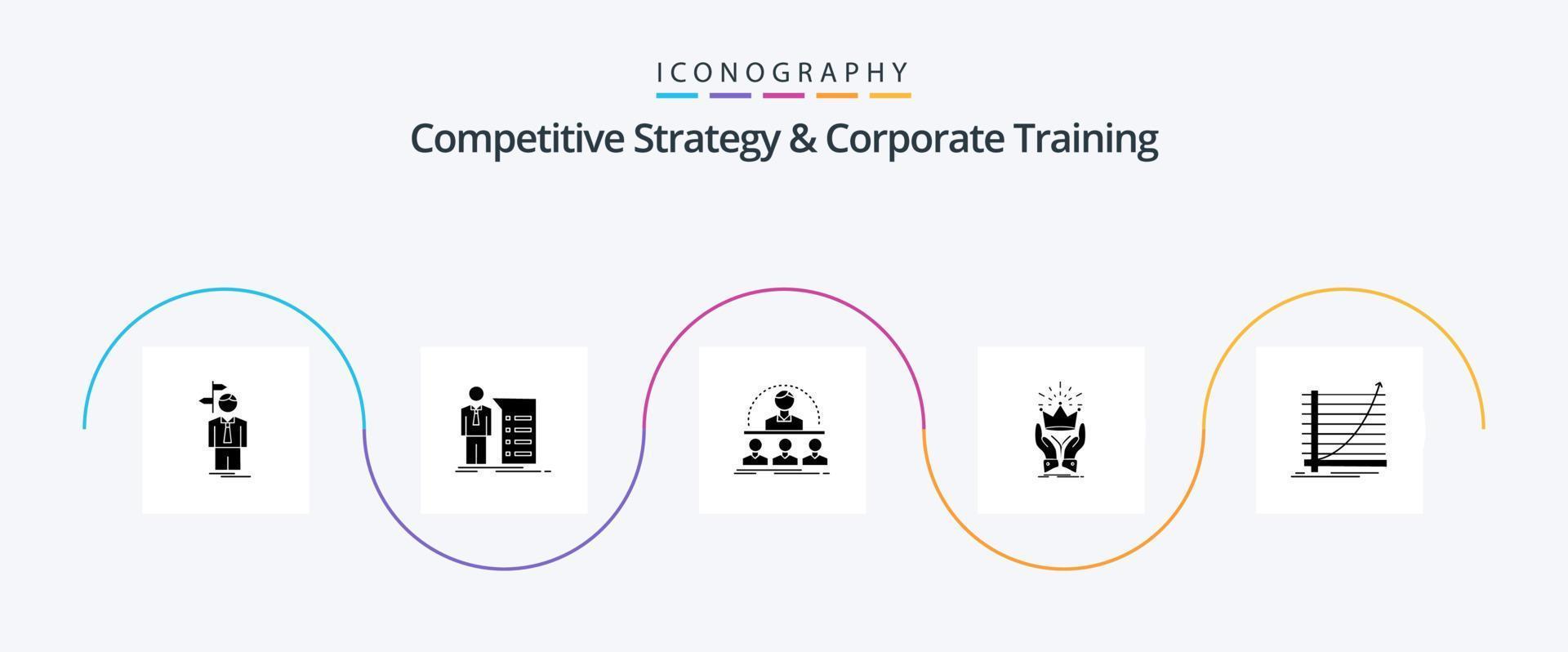 estratégia competitiva e pacote de ícones de glyph 5 de treinamento corporativo, incluindo rei. coroa. encontro. mentor. curso vetor