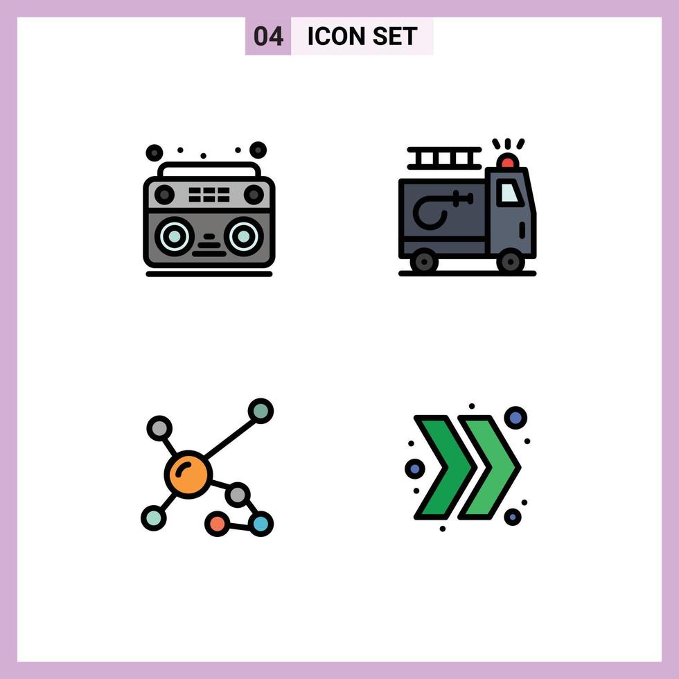 conjunto moderno de 4 cores e símbolos planos de linha preenchida, como elementos de design de vetores editáveis de dna de carro de rádio de bioquímica de áudio