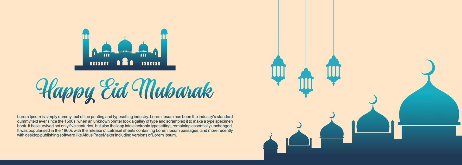 fundo islâmico de eid mubarak, feliz ilustração de banner de eid mubarak, celebração islâmica de religião de cartão de saudação muçulmana. caligrafia árabe moderna vetor