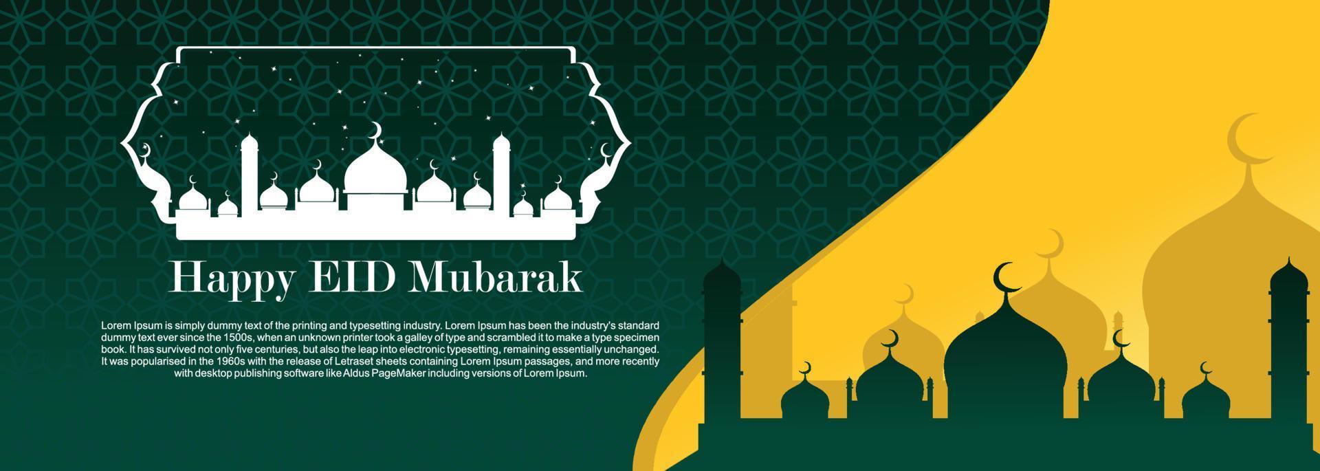 fundo islâmico de eid mubarak, feliz ilustração de banner de eid mubarak, celebração islâmica de religião de cartão de saudação muçulmana. caligrafia árabe moderna vetor