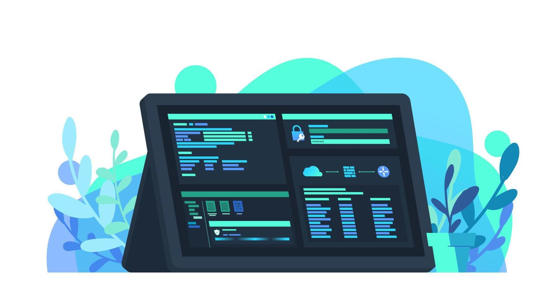 segurança cibernética no painel do monitor com interface de terminal, verificação de vírus e firewall de rede, privacidade, trabalhos digitais, ilustração vetorial plana, cor azul e verde vetor