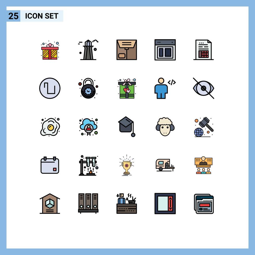 pacote de cores planas de linha preenchida de 25 símbolos universais de dados do site de comércio layout da web elementos de design de vetores editáveis