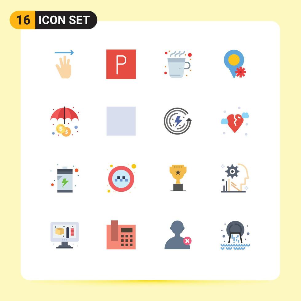 Pacote de cores planas de 16 interfaces de usuário de sinais e símbolos modernos de mapa de finanças de copo de seguro de controle pacote editável de elementos de design de vetores criativos