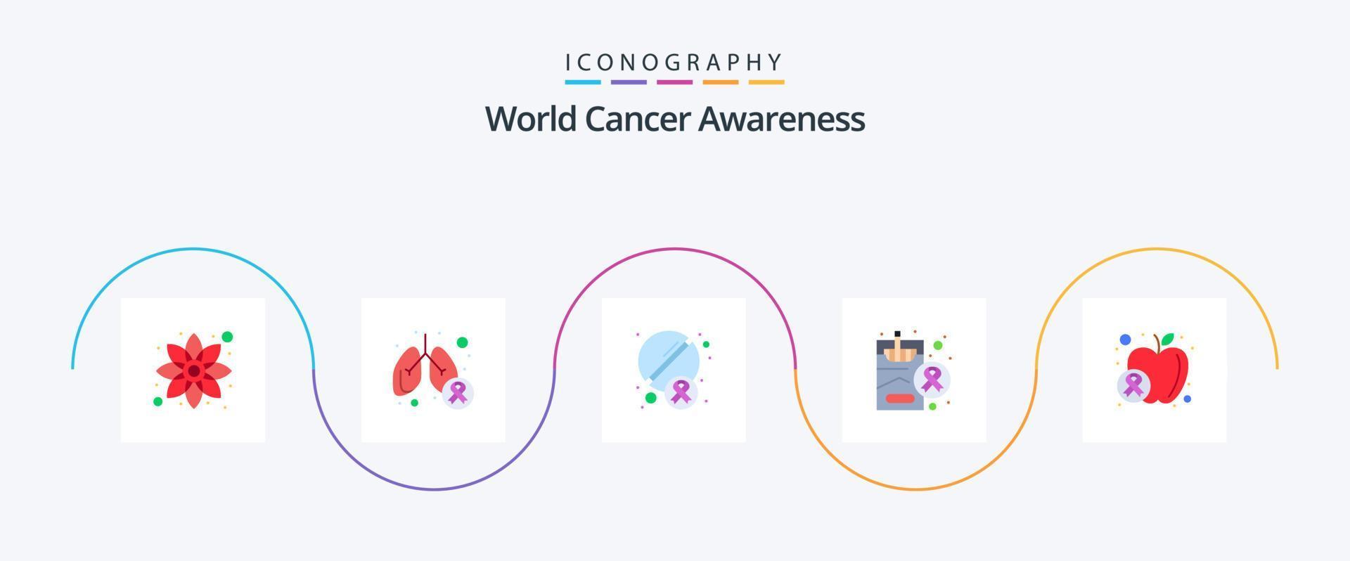 pacote de ícones plana 5 de conscientização mundial sobre o câncer, incluindo maçã. médico. sintoma. saúde. medicina vetor