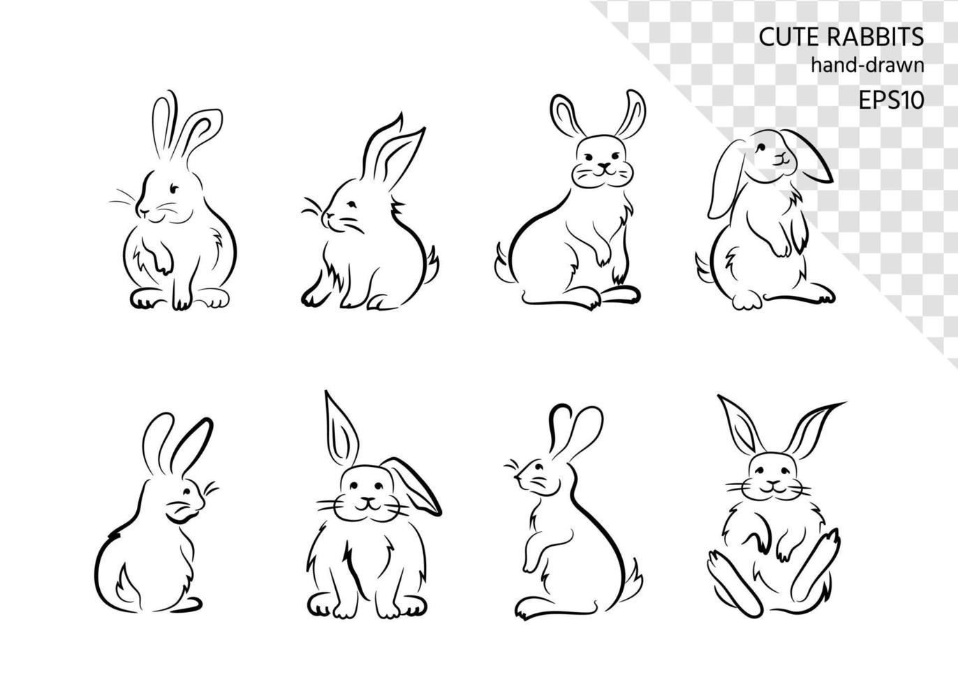 conjunto de ilustrações de coelhos fofos fofos, lebres. coelhos em várias poses. contorno de pincel preto desenhado à mão sem preenchimento de cor. clipart artístico inventivo feito em linhas simples, para impressões vetor