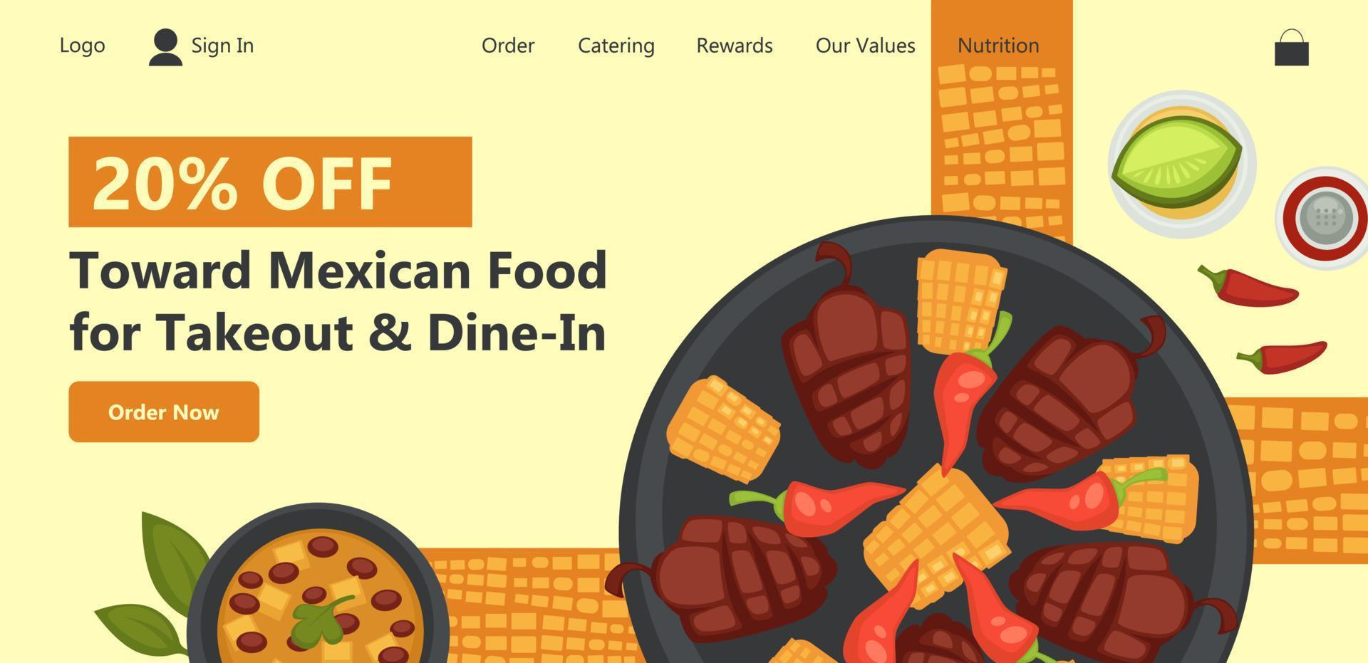comida mexicana e comida para viagem, página do site vetor