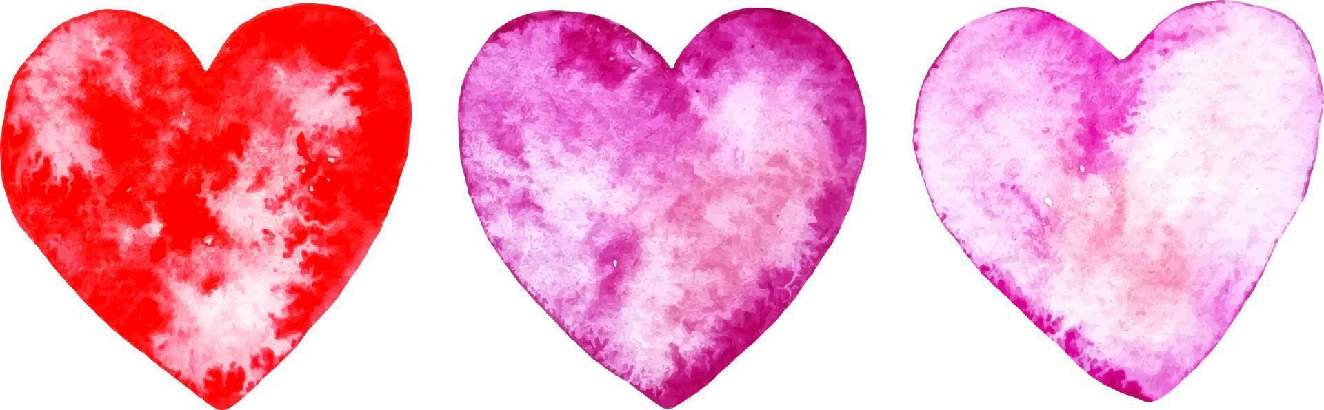 coleção de amor três cliparts de corações em aquarela rosa e vermelho isolado vetor