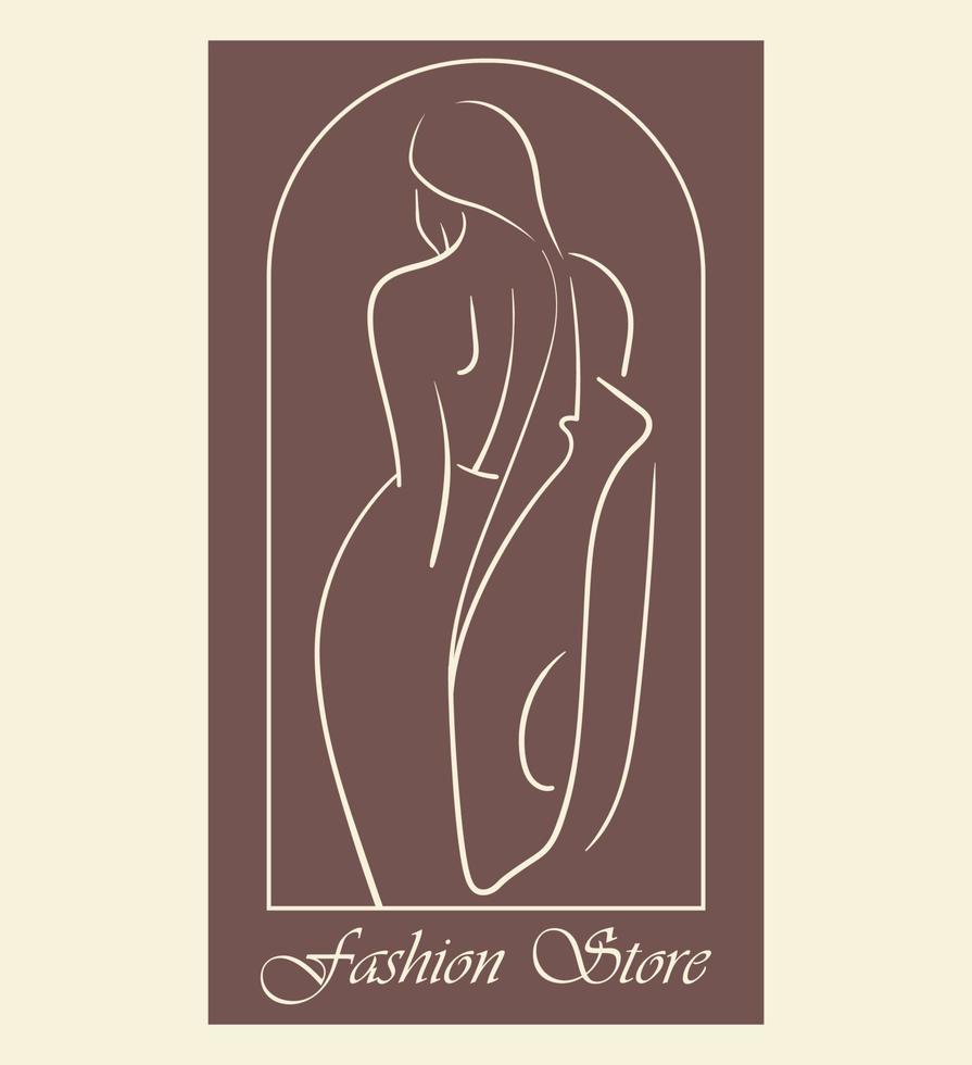 silhueta de moda modelo de mulher. boutique e logotipo da loja, etiqueta, emblema com mulher de arte de linha elegante vetor