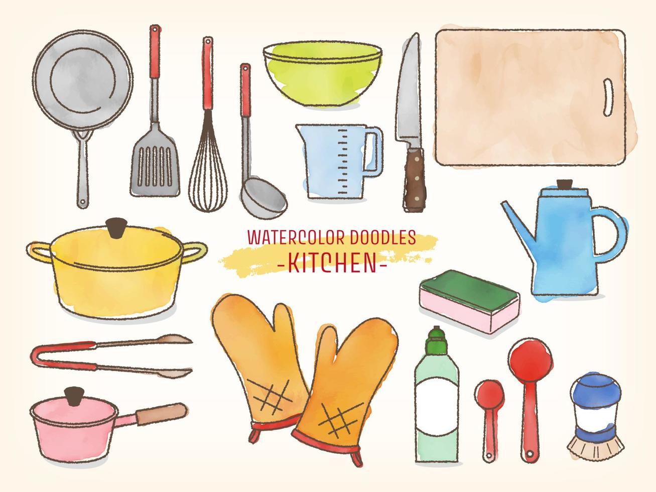 conjunto de ilustração de necessidades diárias desenhadas à mão em aquarela - material de cozinha vetor