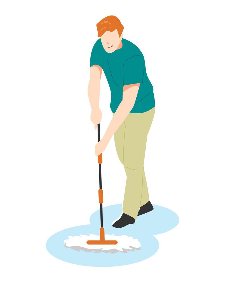 homem limpando o chão com um esfregão. limpando a casa. conceito de higiene, atividade. ilustração vetorial em estilo simples. vetor