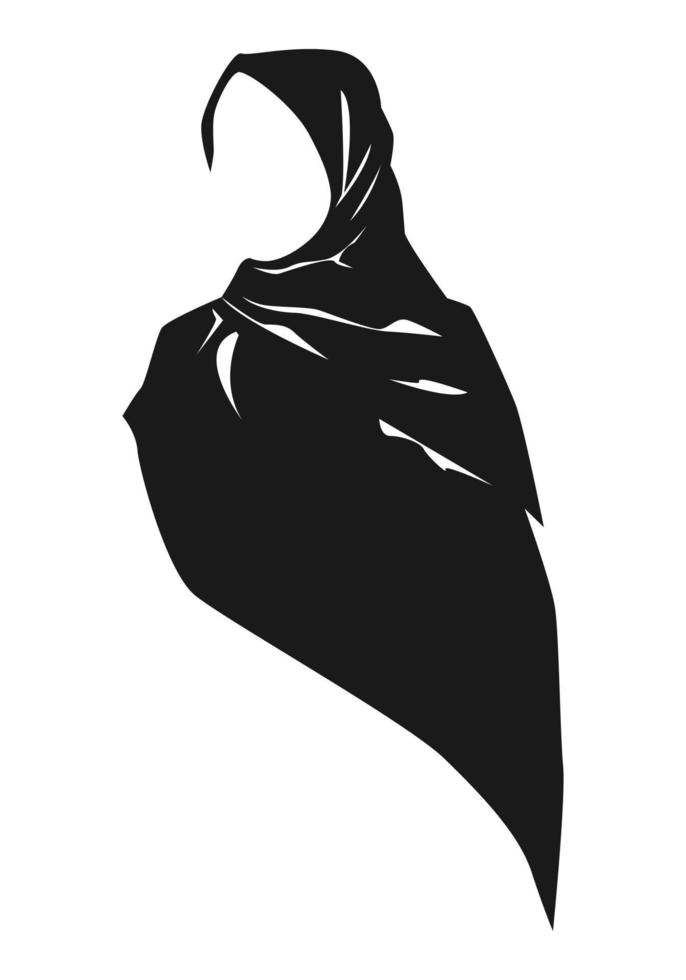 silhueta de mulher muçulmana hijab. véu, lenço de cabeça feminino. conceito de roupas, religião, ramadã, moda, mulheres. para impressão, adesivo, padrão, etc. ilustração em vetor preto e branco.