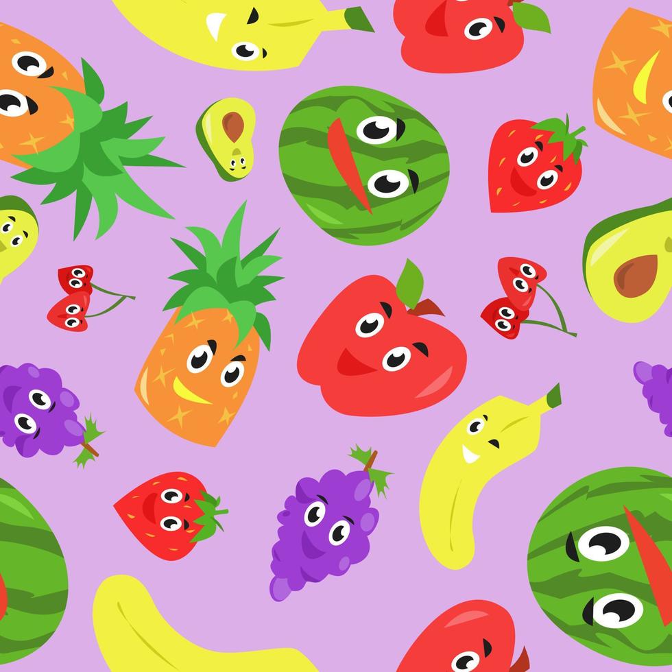 estilo cartoon bonito personagem de muitas frutas com expressão feliz. fundo padrão sem emenda. maçã, banana, uva, morango, etc. ilustração em vetor estilo simples.