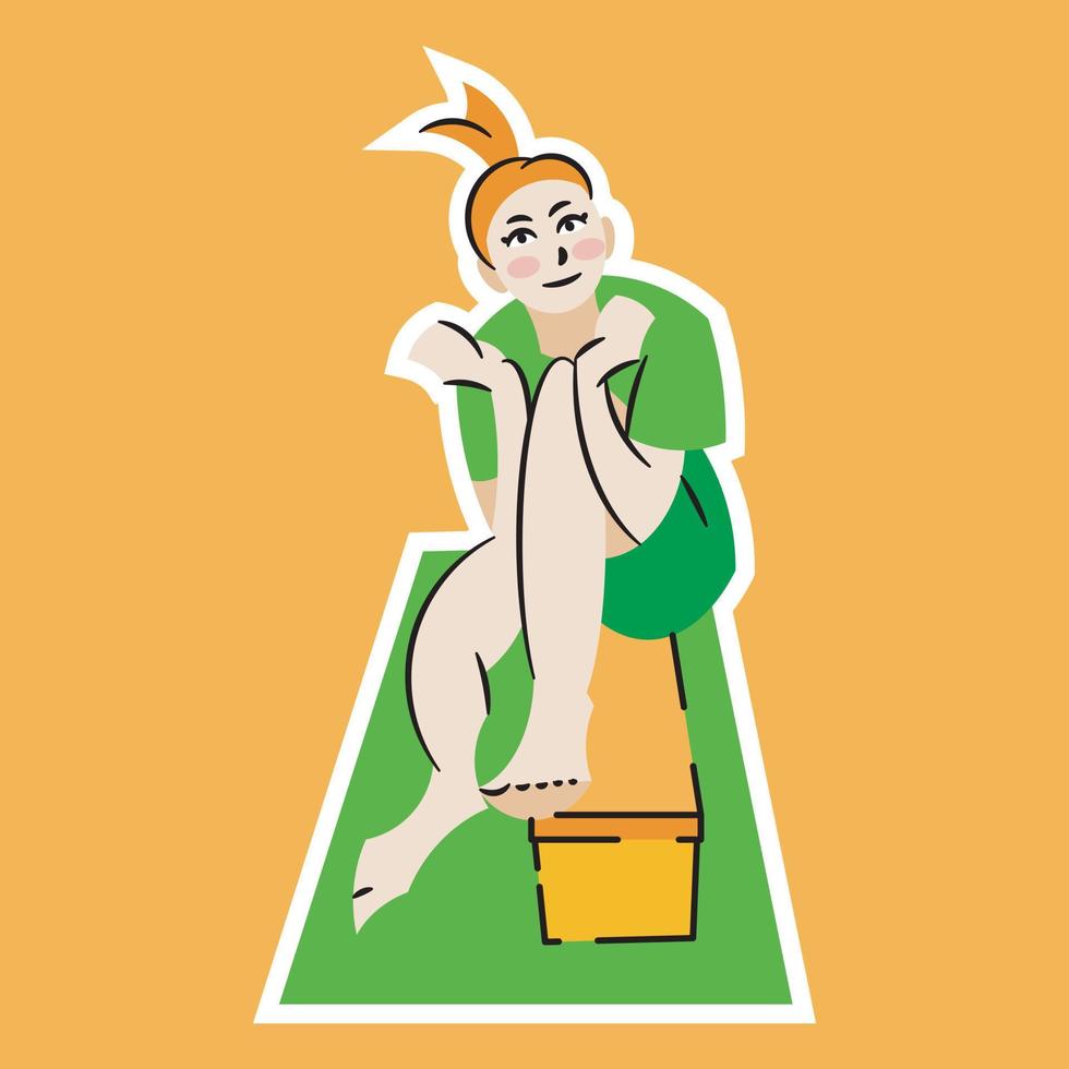 ilustração de uma garota sentada em um banco de prancha simples, vetor, doodle, design plano vetor