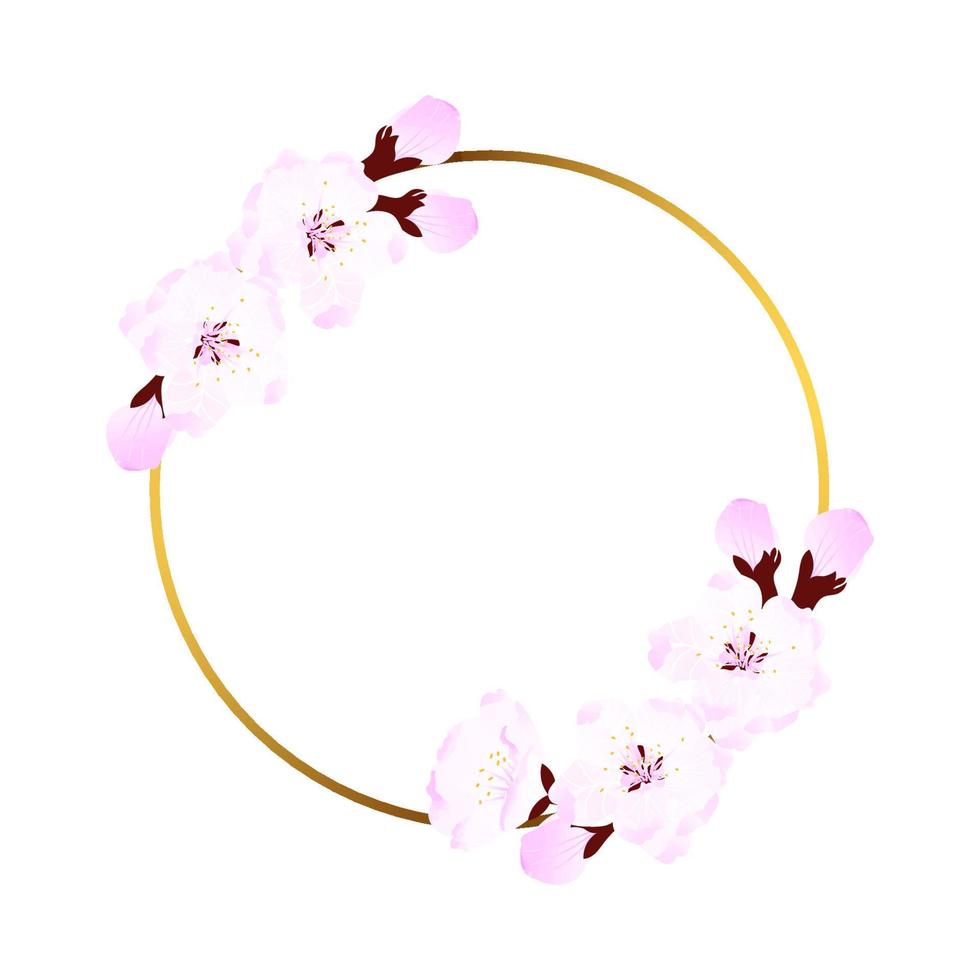 quadro de flores cor de rosa, flor de cerejeira, sakura em anéis de ouro. cartão de convites, salve a data, comemore o plano de fundo. arte de pintura isolada vetorial vetor