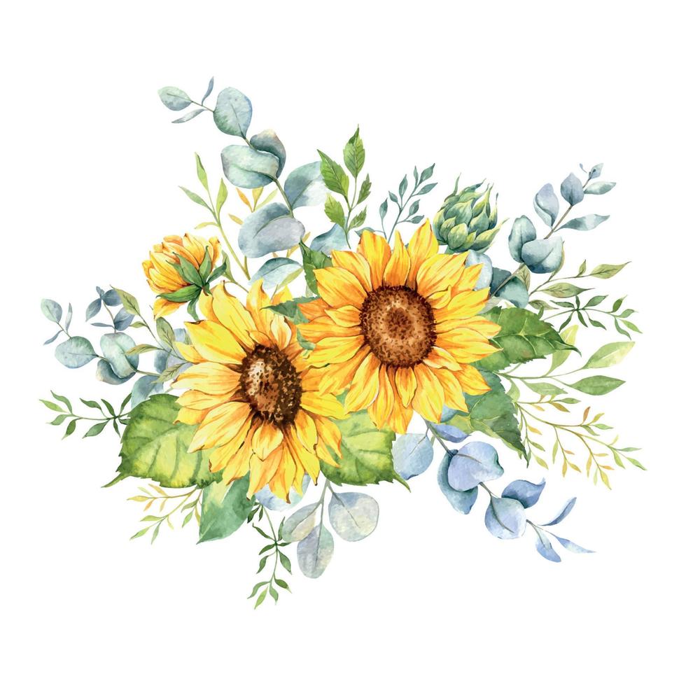 buquê de girassóis em aquarela, buquês de girassóis pintados à mão, arranjo de flores girassóis. elementos de clipart de convite de casamento. aquarela floral. desenho botânico. fundo branco vetor