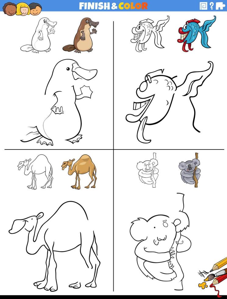 planilha de desenho e coloração com animais engraçados vetor