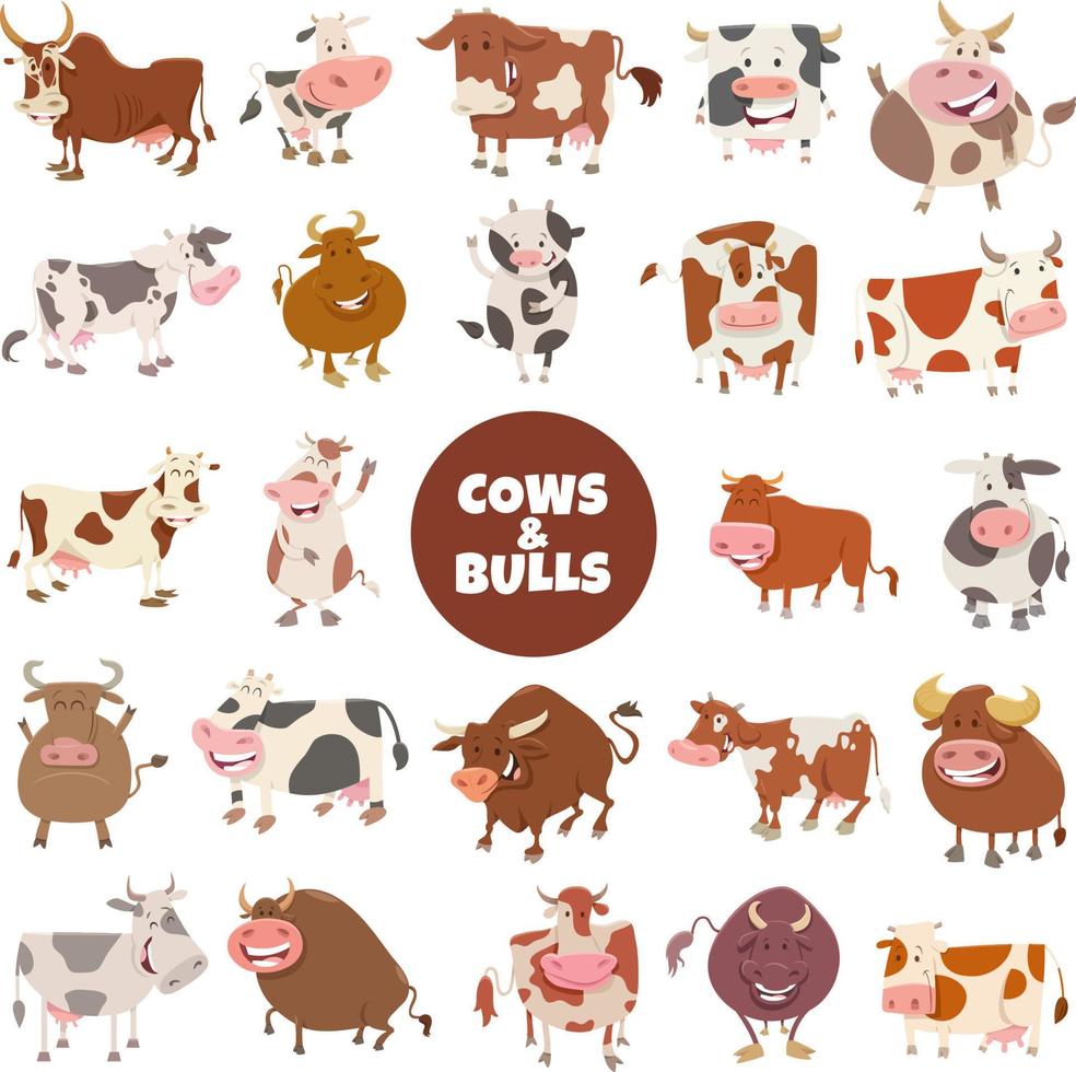 conjunto grande de animais de fazenda de vacas e touros engraçados dos desenhos animados vetor