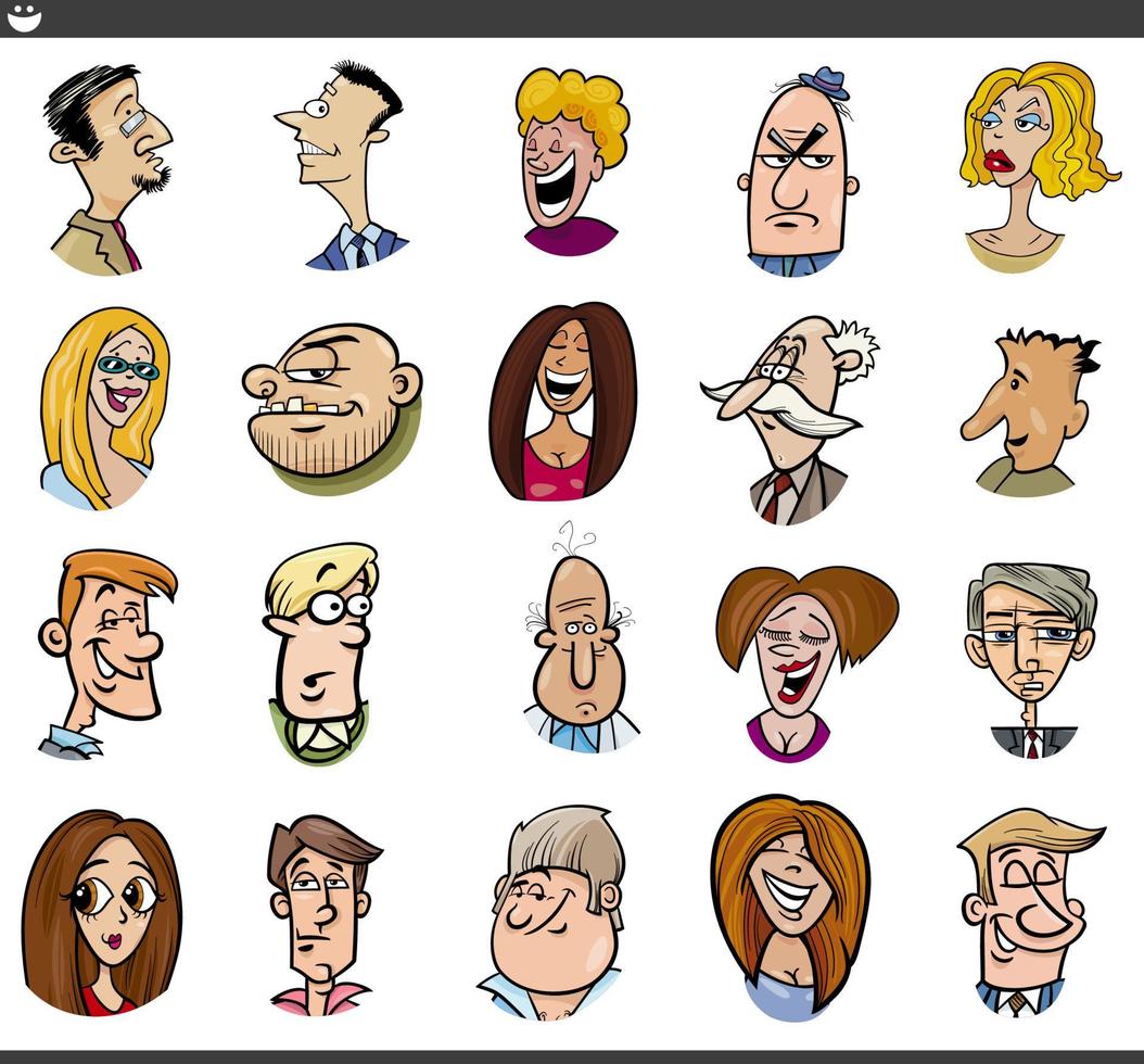 conjunto de rostos e emoções de personagens de pessoas dos desenhos animados vetor