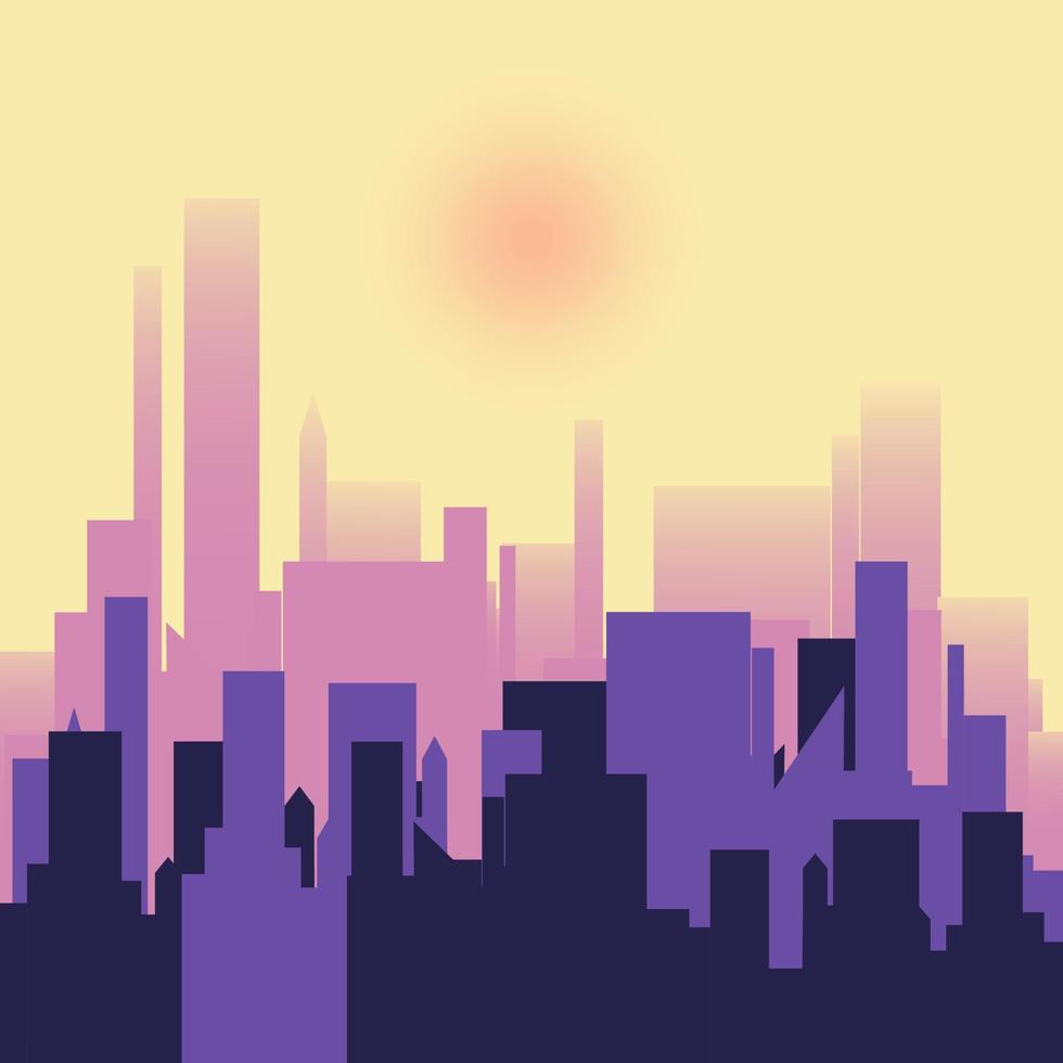 silhueta da cidade à noite no sol poente. cor amarelo púrpura. paisagem urbana em um estilo simples. silhueta de fundo do vetor de edifícios da cidade. arquitetura de uma cidade moderna. vetor.