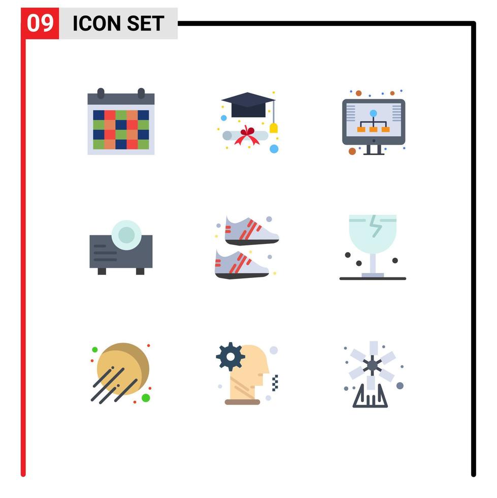 9 cores planas de vetores temáticos e símbolos editáveis de diagrama de roupas de sapato, dispositivo de projetor, elementos de design de vetores editáveis